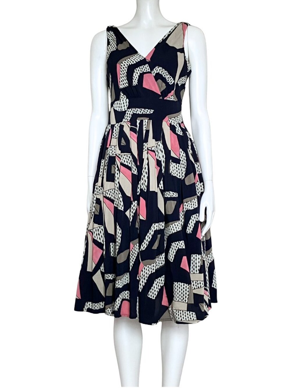 Aryeh Navy Geometric Print Fit & Flare Midi Dress. Medium. Retro Twee Bauhaus